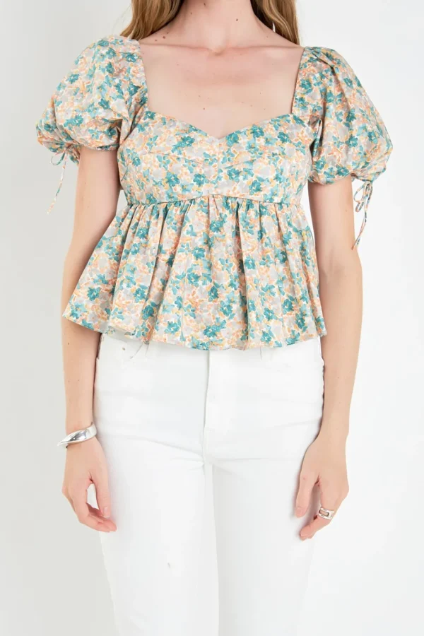 ENGLISH FACTORY Tops*- Floral Puff Sleeve Top GREENMULTI