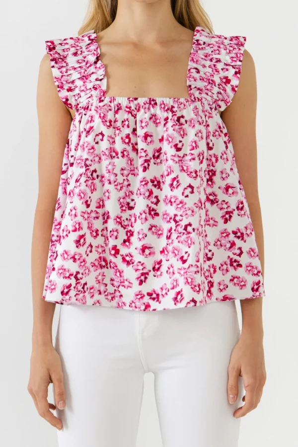 ENGLISH FACTORY Tops*- Floral Printed Ruffle Shoulder Tank Top PINKMULTI