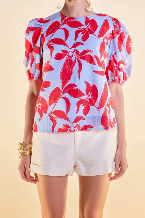 ENGLISH FACTORY Tops*- Floral Print Puff Short Sleeve Top BLUEMULTI