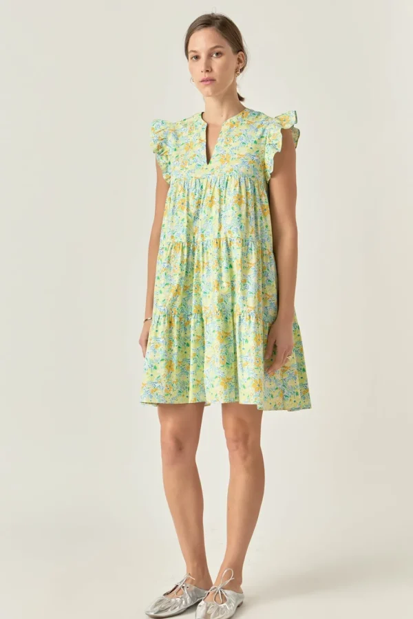 ENGLISH FACTORY Tops*- Floral Printed Babydoll V-Neck Mini Dress YELLOWMULTI