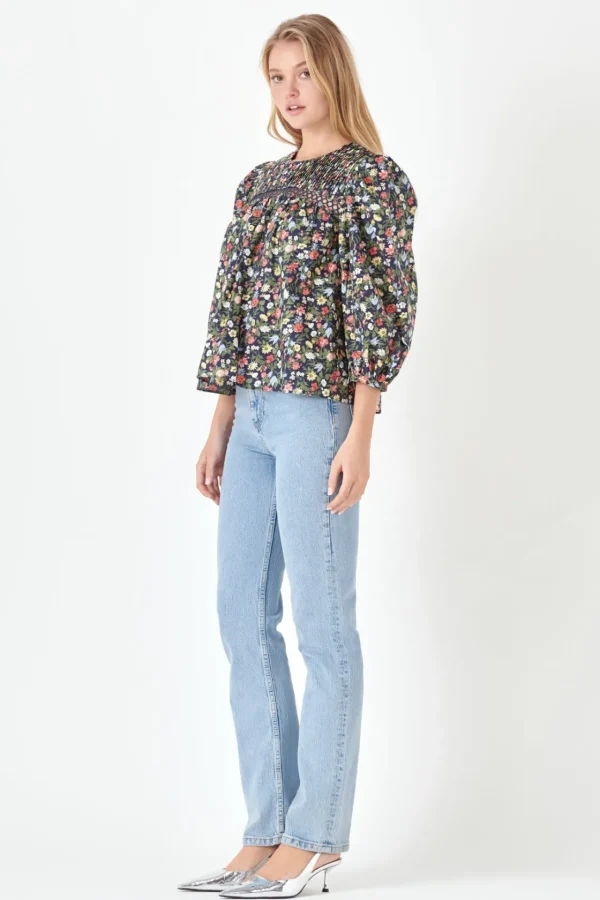 ENGLISH FACTORY Tops*- Floral Print Pintuck Detail Top NAVY