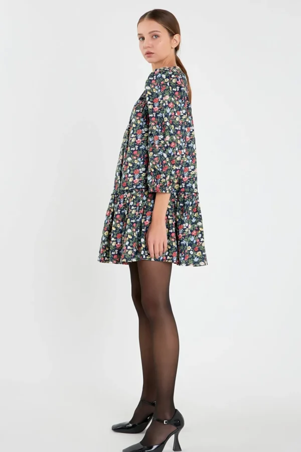 ENGLISH FACTORY Floral Dresses*- Floral Print Pintuck Mini Dress NAVYMULTI