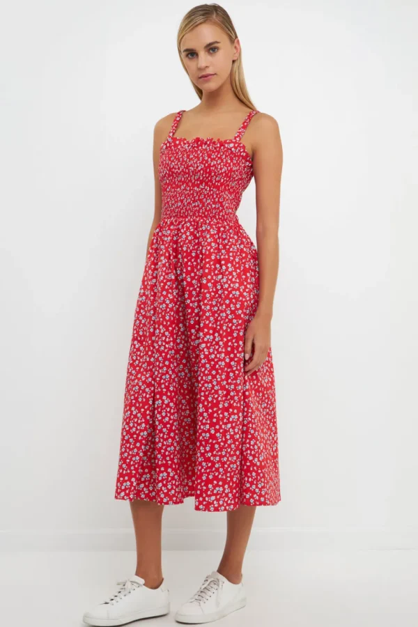 ENGLISH FACTORY Floral Dresses | Tops*- Floral Print Smocked Dress in RED