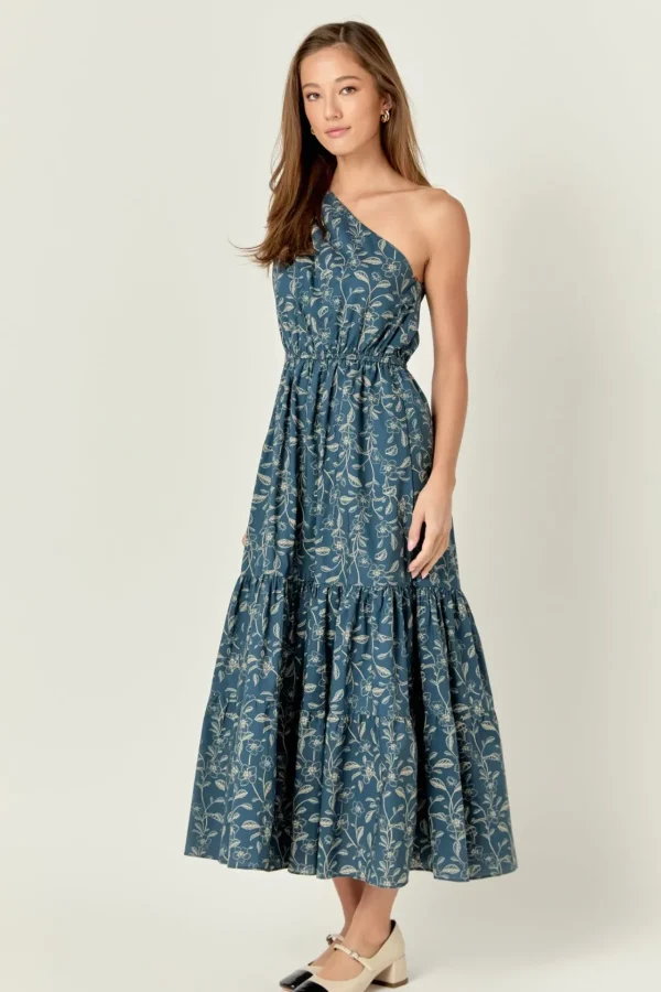 ENGLISH FACTORY Floral Dresses | Tops*- Floral Print One Shoulder Maxi Dress NAVY