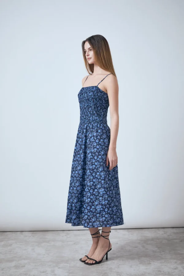 ENGLISH FACTORY Floral Dresses | Tops*- Floral Print Smocked Midi Dress NAVYMULTI