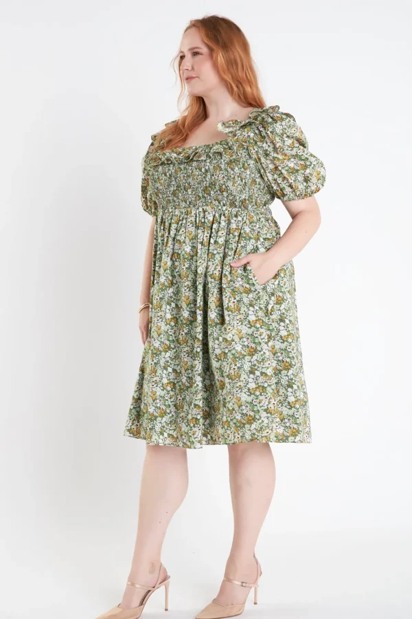 ENGLISH FACTORY Puff Sleeve | Tops*- Floral Print Smocked Puff Sleeve Dress GREENMULTI