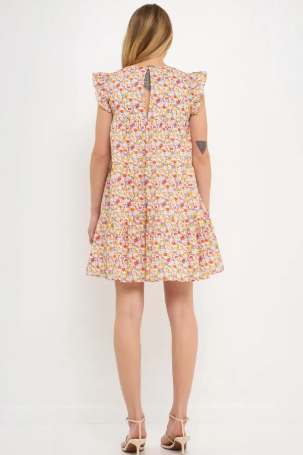 ENGLISH FACTORY Tops*- Floral Printed Babydoll Mini Dress WHITE/MULTI