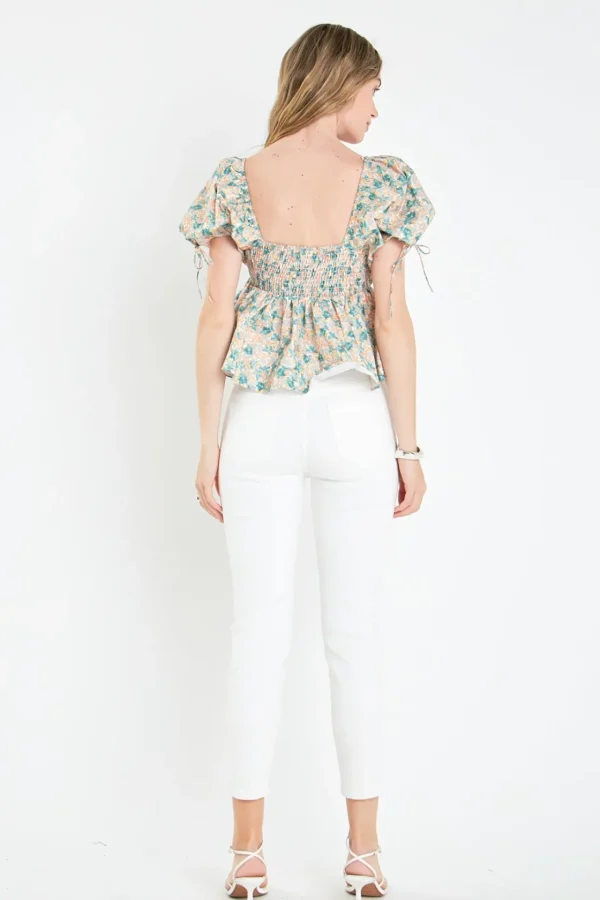 ENGLISH FACTORY Tops*- Floral Puff Sleeve Top GREENMULTI