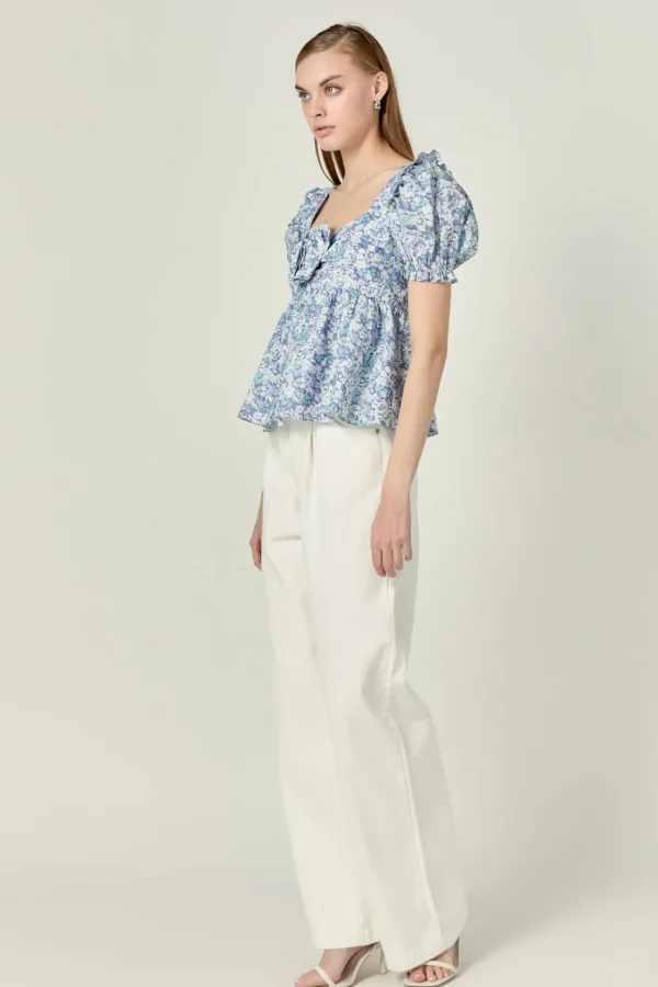 ENGLISH FACTORY Tops*- Floral Print Top With Flower BLUEMULTI