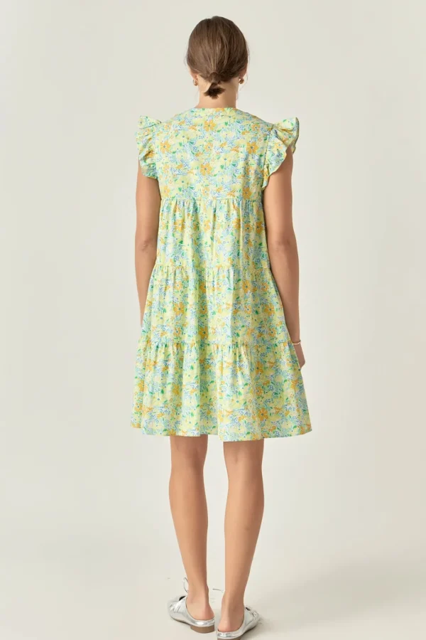ENGLISH FACTORY Tops*- Floral Printed Babydoll V-Neck Mini Dress YELLOWMULTI