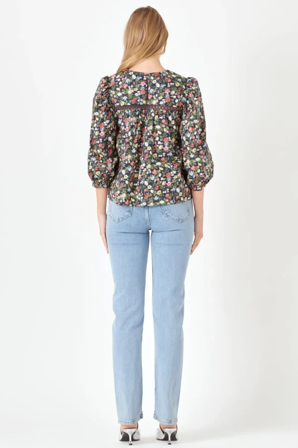 ENGLISH FACTORY Tops*- Floral Print Pintuck Detail Top NAVY