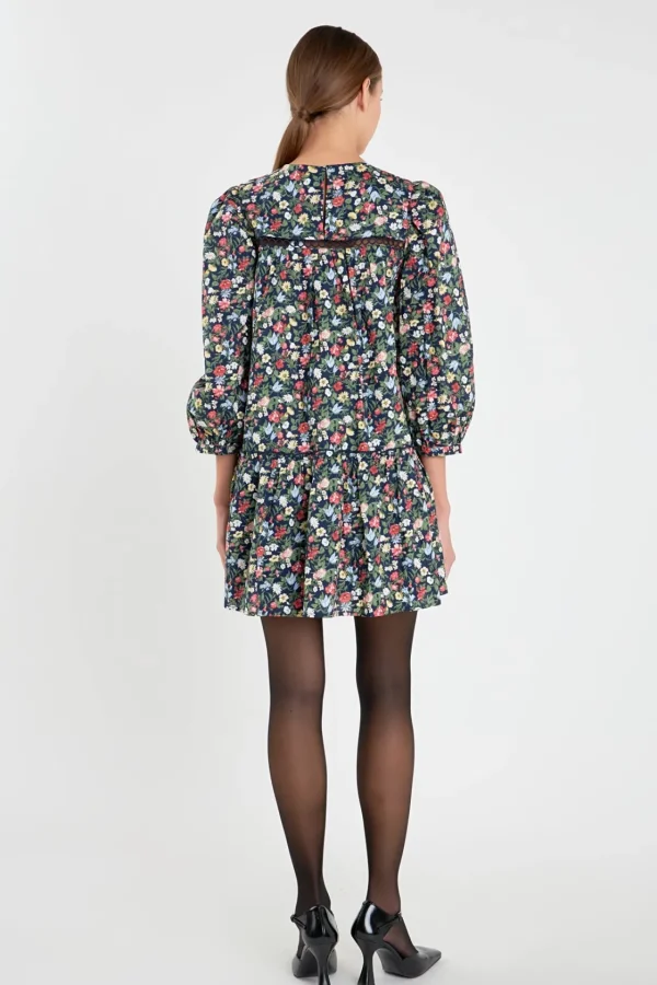 ENGLISH FACTORY Floral Dresses*- Floral Print Pintuck Mini Dress NAVYMULTI