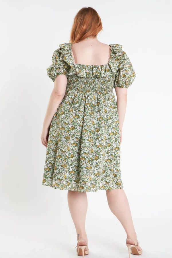 ENGLISH FACTORY Puff Sleeve | Tops*- Floral Print Smocked Puff Sleeve Dress GREENMULTI