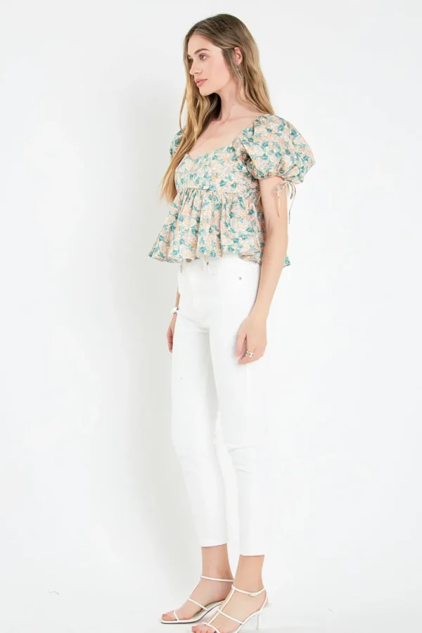 ENGLISH FACTORY Tops*- Floral Puff Sleeve Top GREENMULTI