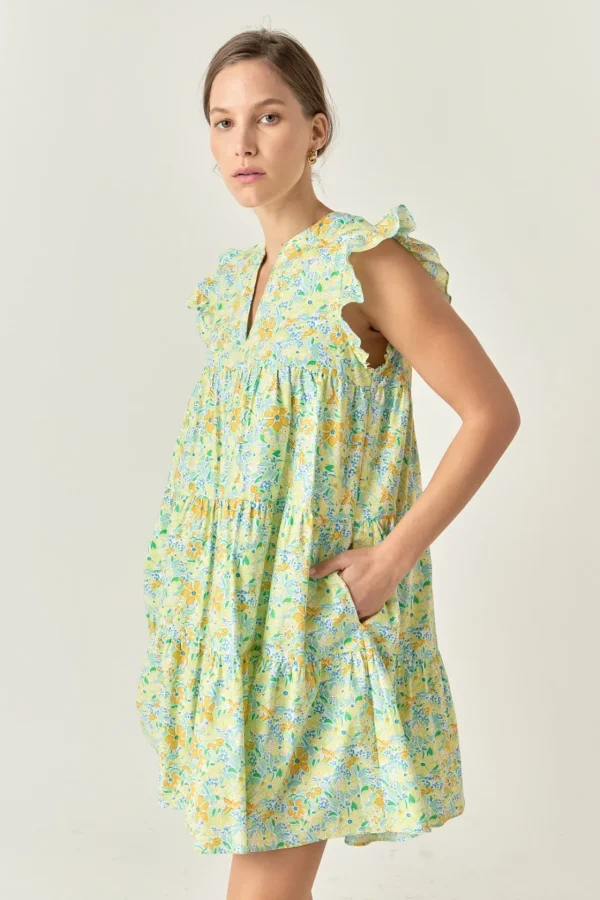 ENGLISH FACTORY Tops*- Floral Printed Babydoll V-Neck Mini Dress YELLOWMULTI
