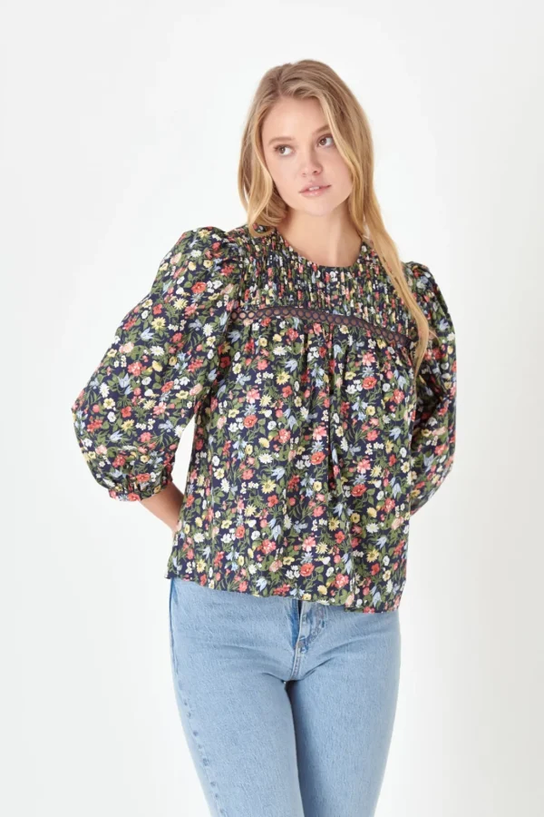 ENGLISH FACTORY Tops*- Floral Print Pintuck Detail Top NAVY