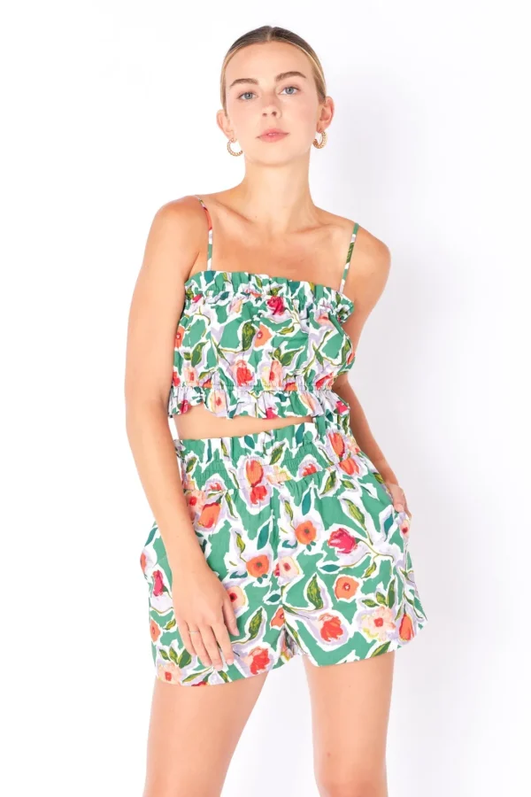 ENGLISH FACTORY Matching Sets | Shorts & Skorts*- Floral Print Shorts with Smocking MULTI