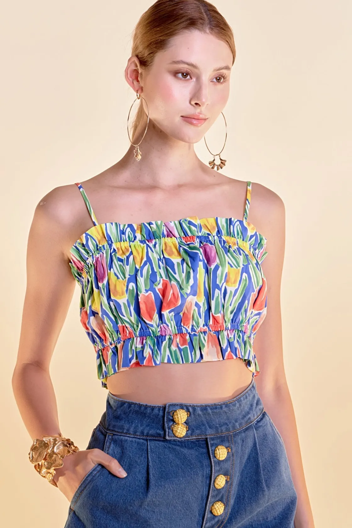 english_factory__floral_p_3-18.webp ENGLISH FACTORY Matching Sets | Tops*- Floral Print Ruffled Cropped Top BLUEMULTI