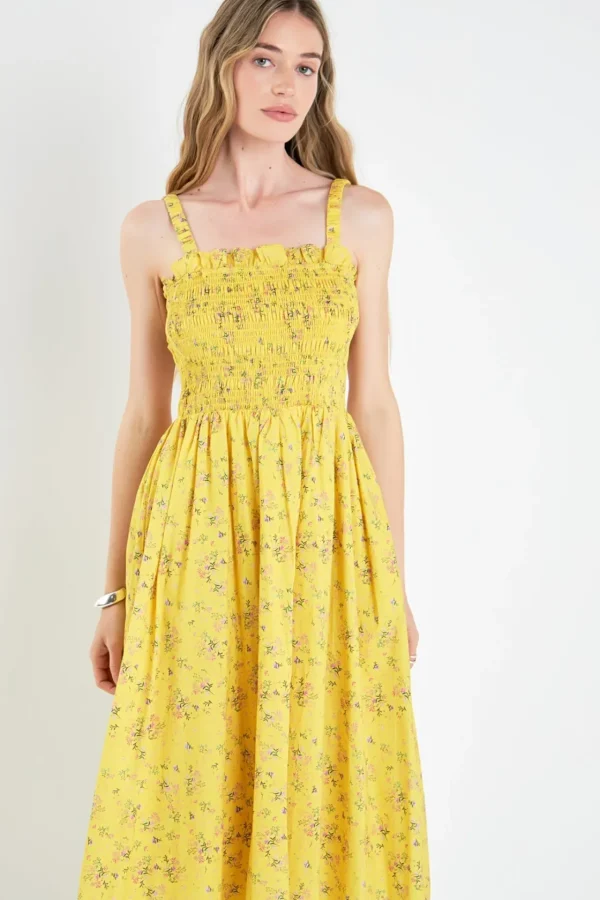 ENGLISH FACTORY Tops*- Floral Print Smocked Dress in YELLOW