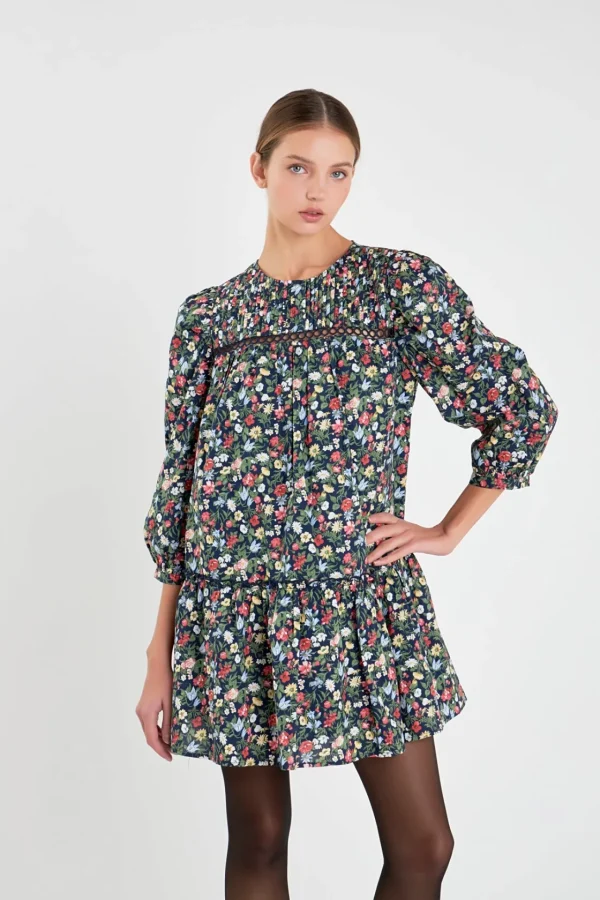 ENGLISH FACTORY Floral Dresses*- Floral Print Pintuck Mini Dress NAVYMULTI