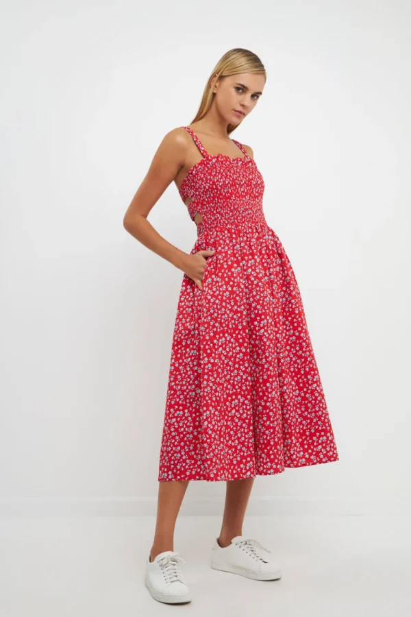 ENGLISH FACTORY Floral Dresses | Tops*- Floral Print Smocked Dress in RED