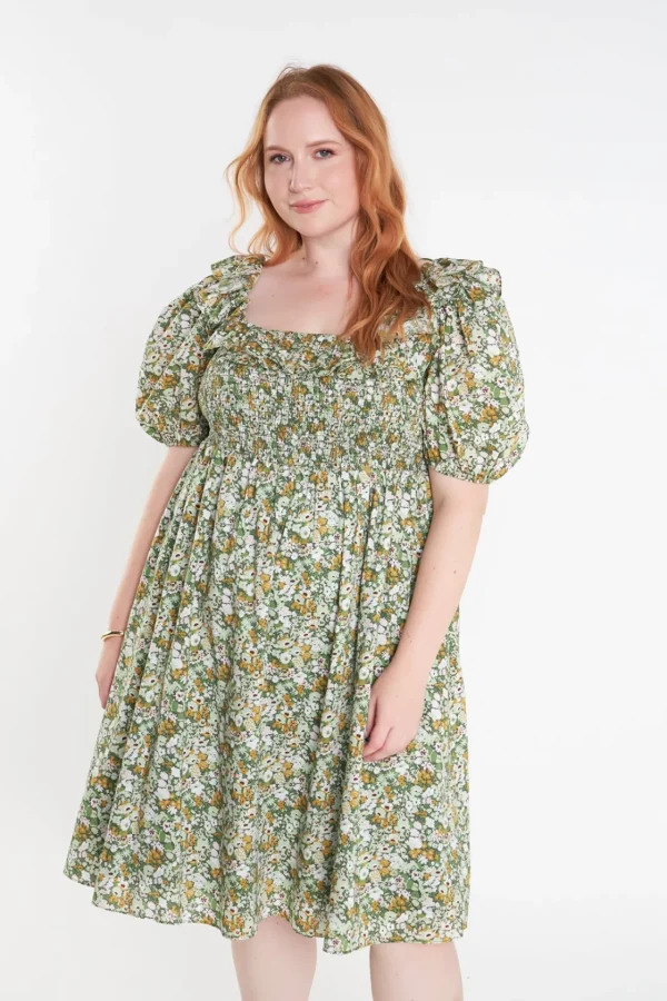 ENGLISH FACTORY Puff Sleeve | Tops*- Floral Print Smocked Puff Sleeve Dress GREENMULTI