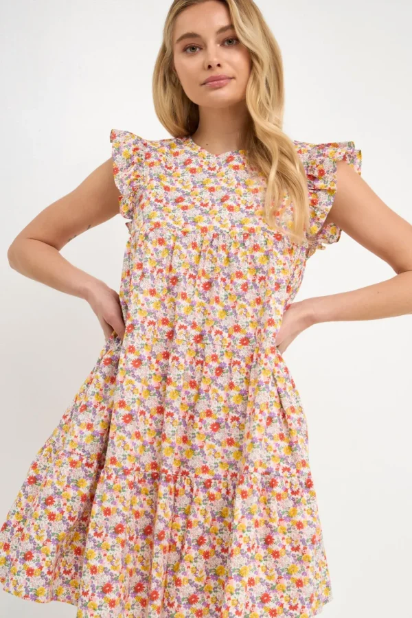 ENGLISH FACTORY Tops*- Floral Printed Babydoll Mini Dress WHITE/MULTI