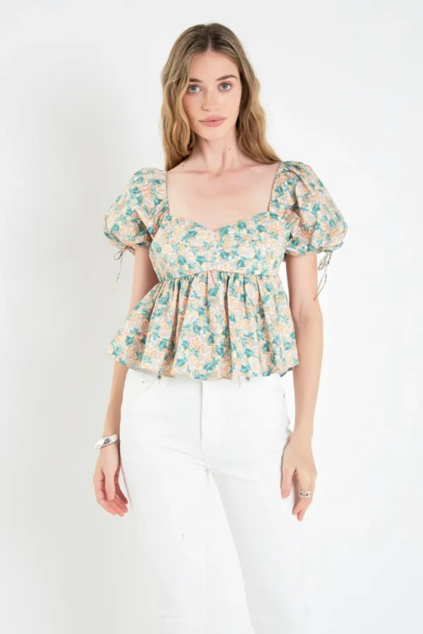 ENGLISH FACTORY Tops*- Floral Puff Sleeve Top GREENMULTI
