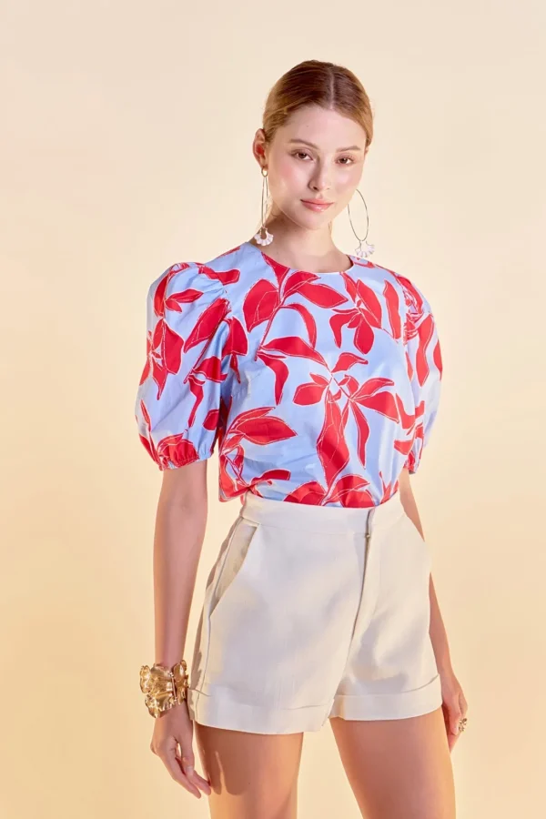 ENGLISH FACTORY Tops*- Floral Print Puff Short Sleeve Top BLUEMULTI