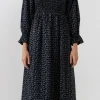 ENGLISH FACTORY Print Takeaway | Floral Dresses*- Floral Smocked Midi Dress - Final Sale BLACK
