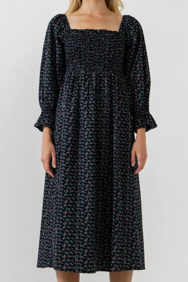 ENGLISH FACTORY Print Takeaway | Floral Dresses*- Floral Smocked Midi Dress - Final Sale BLACK