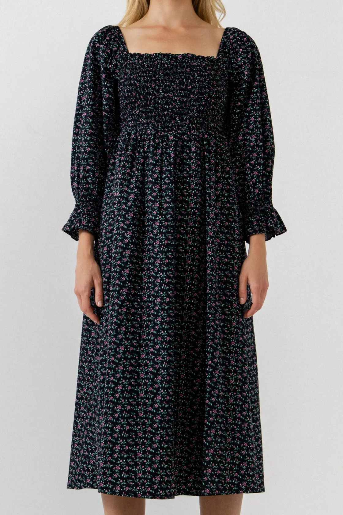 english_factory__floral_s_0-11.webp ENGLISH FACTORY Print Takeaway | Floral Dresses*- Floral Smocked Midi Dress - Final Sale BLACK