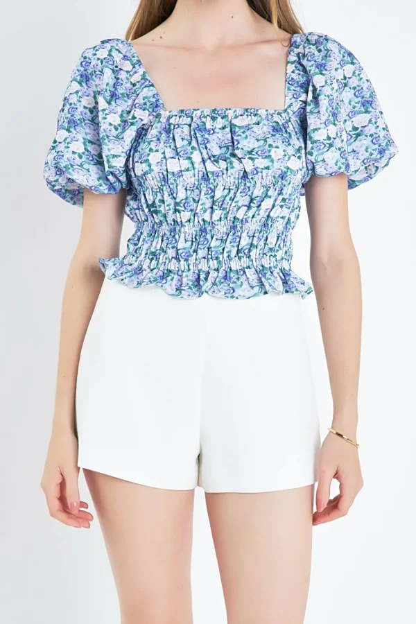ENGLISH FACTORY Tops*- Floral Smocked Cropped Top BLUE/PURPLE