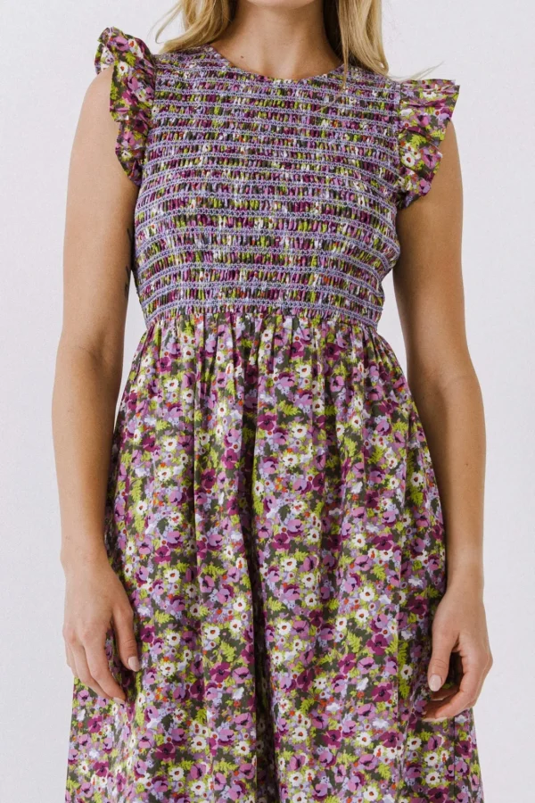 ENGLISH FACTORY Floral Dresses | Tops*- Floral Smocked Sleeveless Midi Dress PURPLEMULTI