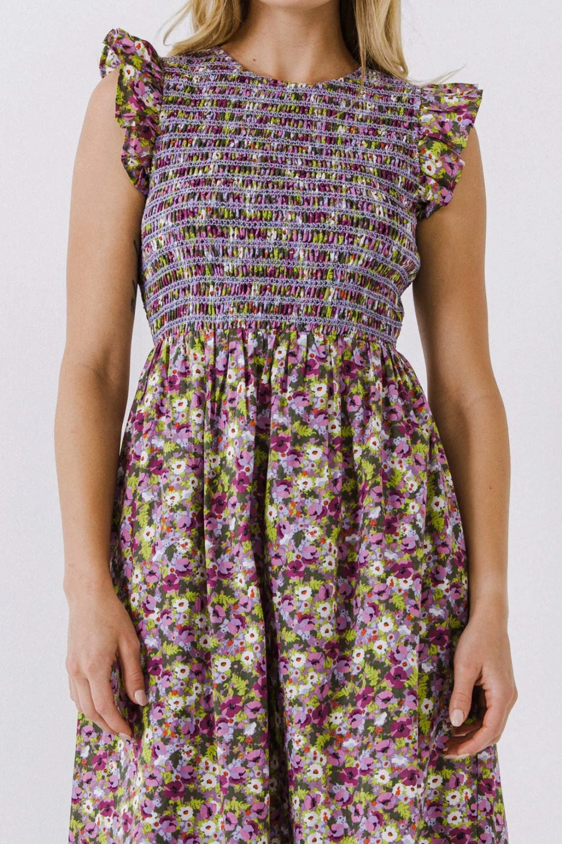 english_factory__floral_s_0-8.webp ENGLISH FACTORY Floral Dresses | Tops*- Floral Smocked Sleeveless Midi Dress PURPLEMULTI