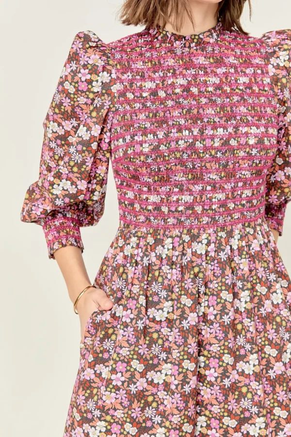 ENGLISH FACTORY Floral Dresses | Tops*- Floral Smocked Midi Dress PINK