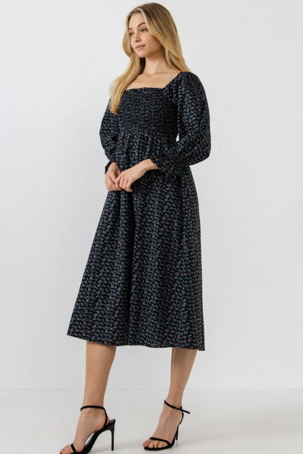 ENGLISH FACTORY Print Takeaway | Floral Dresses*- Floral Smocked Midi Dress - Final Sale BLACK