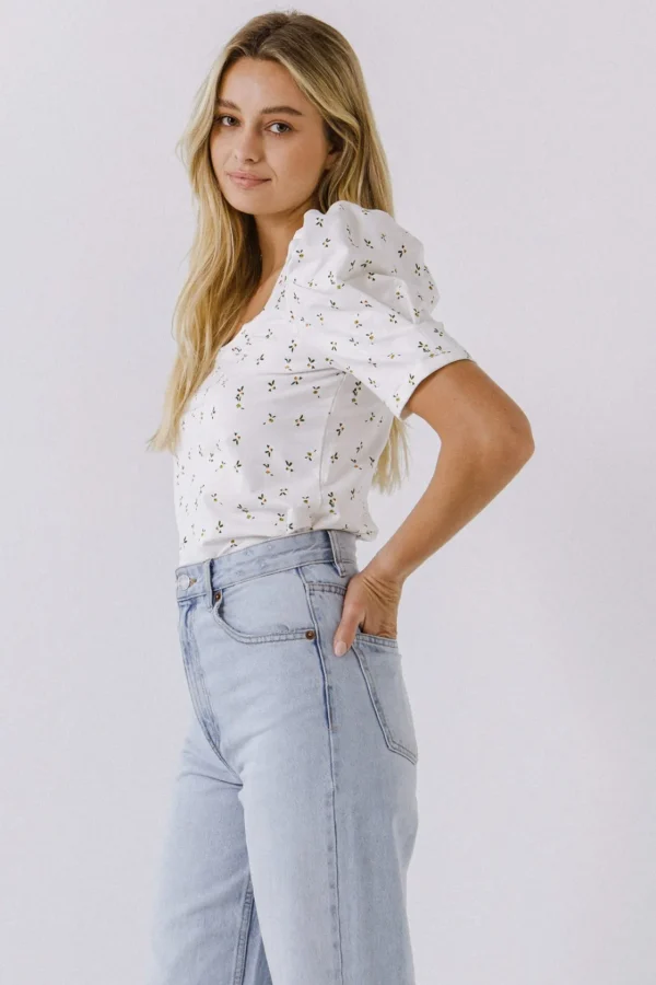 ENGLISH FACTORY Tops*- Floral Short Sleeve Knit Top WHITEMULTI