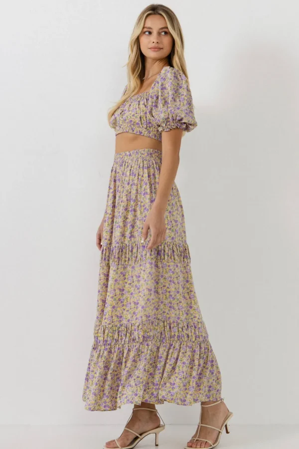 ENGLISH FACTORY Matching Sets | Skirts*- Floral Shirring Detail Long Skirt YELLOW/PURPLE