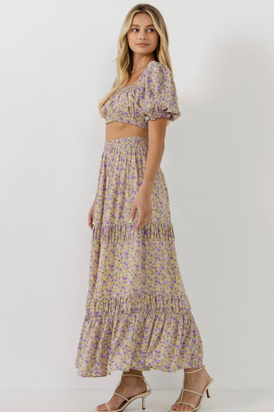 english_factory__floral_s_1-5.webp ENGLISH FACTORY Matching Sets | Skirts*- Floral Shirring Detail Long Skirt YELLOW/PURPLE