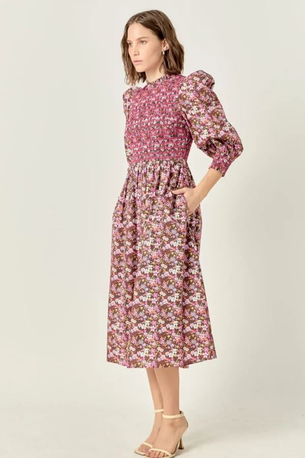 ENGLISH FACTORY Floral Dresses | Tops*- Floral Smocked Midi Dress PINK
