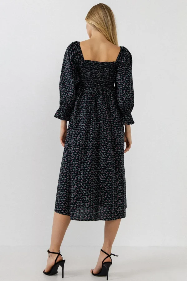 ENGLISH FACTORY Print Takeaway | Floral Dresses*- Floral Smocked Midi Dress - Final Sale BLACK