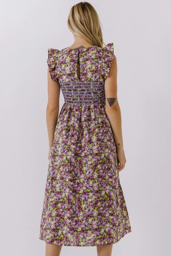 ENGLISH FACTORY Floral Dresses | Tops*- Floral Smocked Sleeveless Midi Dress PURPLEMULTI