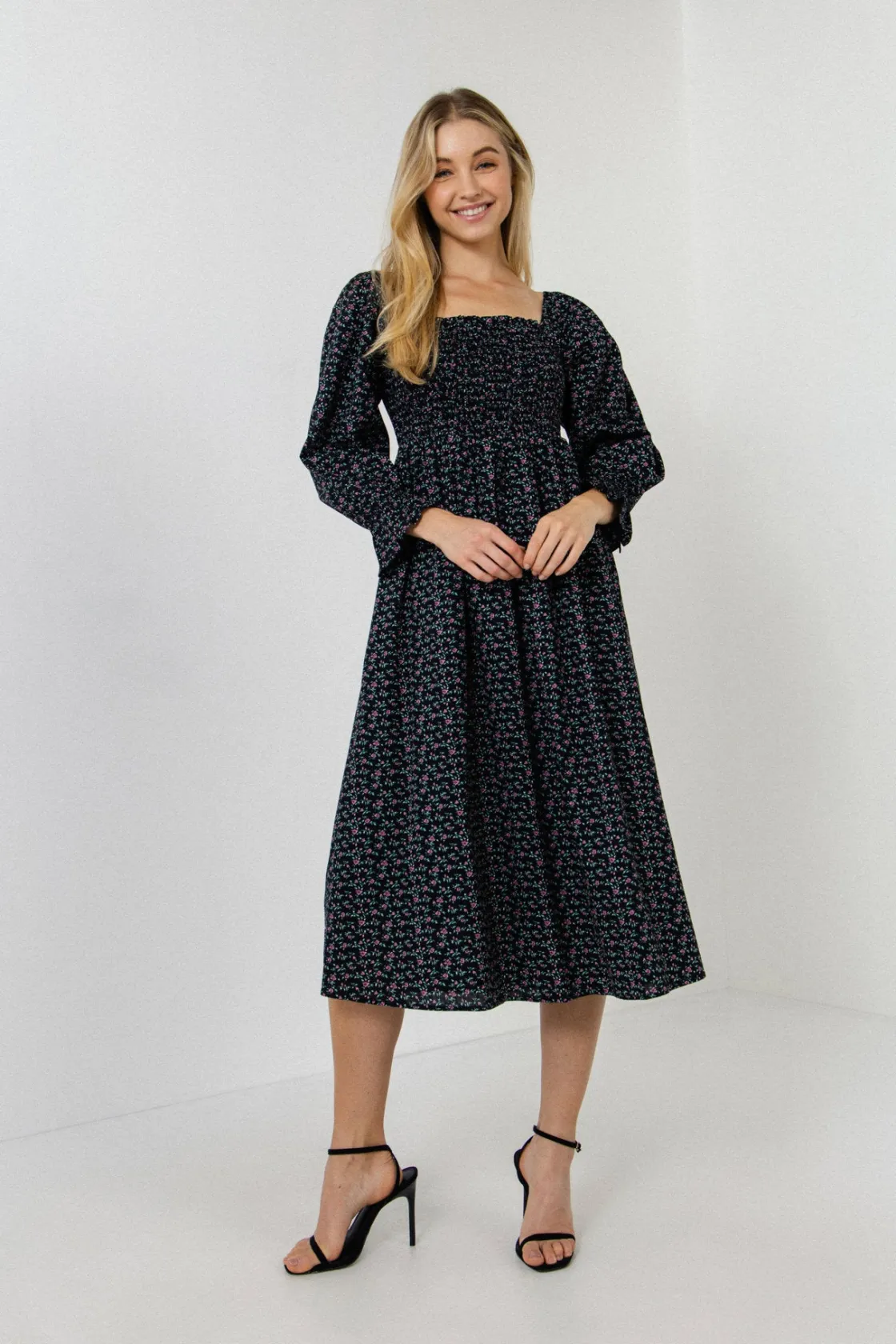 english_factory__floral_s_3-11.webp ENGLISH FACTORY Print Takeaway | Floral Dresses*- Floral Smocked Midi Dress - Final Sale BLACK