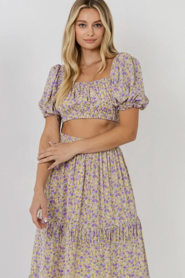 ENGLISH FACTORY Matching Sets | Skirts*- Floral Shirring Detail Long Skirt YELLOW/PURPLE