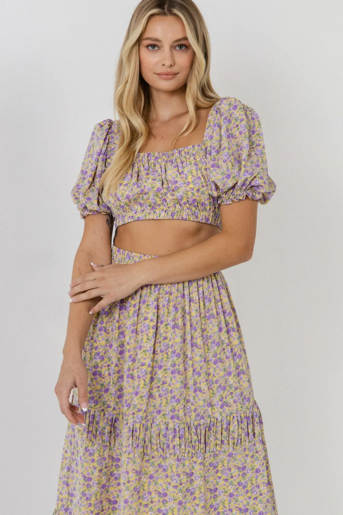english_factory__floral_s_3-5.webp ENGLISH FACTORY Matching Sets | Skirts*- Floral Shirring Detail Long Skirt YELLOW/PURPLE