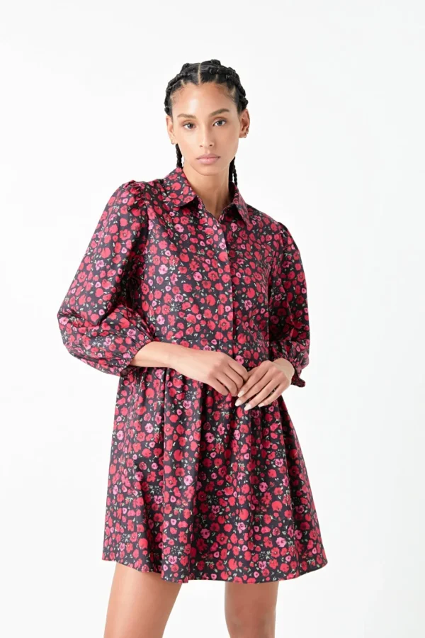 ENGLISH FACTORY Floral Dresses*- Floral Shirt Mini Dress BLACK/RED