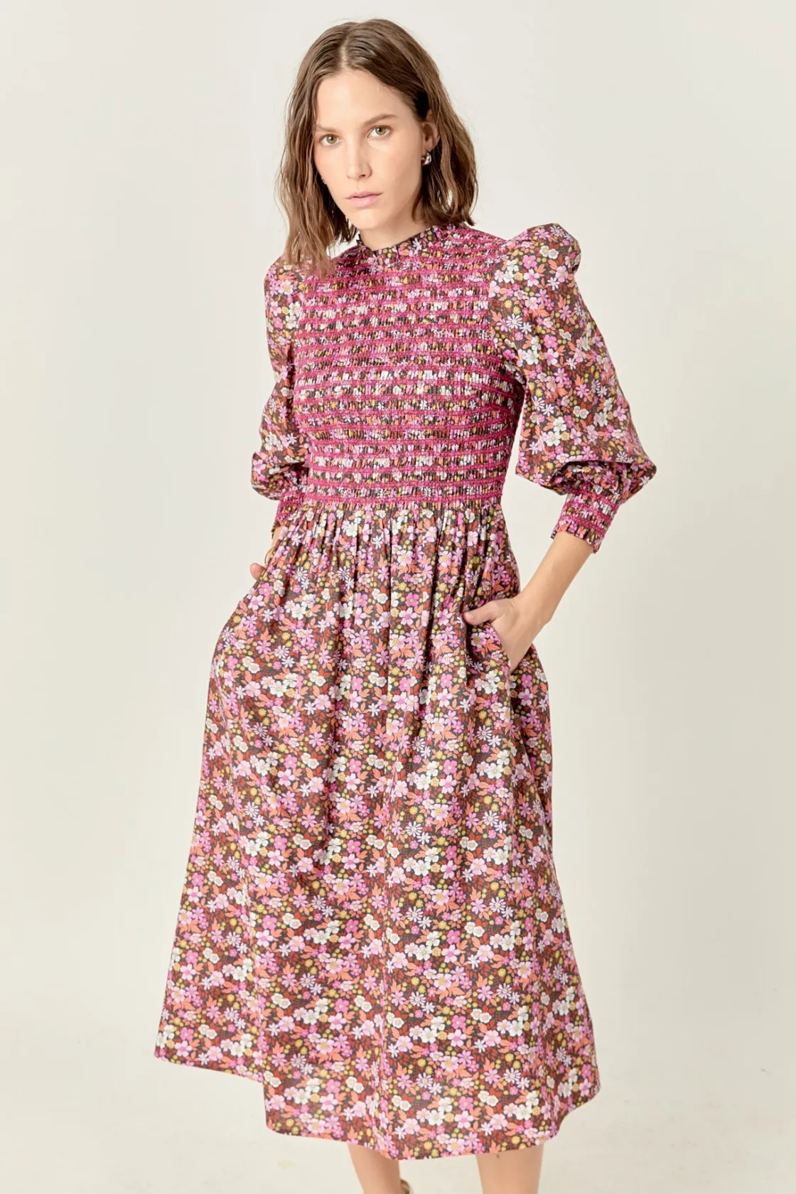 english_factory__floral_s_3-9.webp ENGLISH FACTORY Floral Dresses | Tops*- Floral Smocked Midi Dress PINK