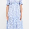ENGLISH FACTORY Puff Sleeve | Tops*- Floral Texture with Gingham Printed Midi Dress BLUE