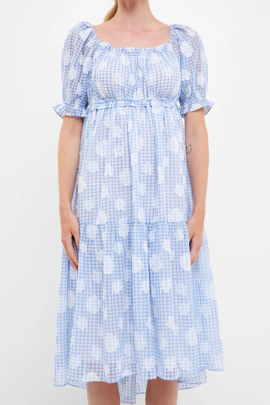english_factory__floral_t_0-2.webp ENGLISH FACTORY Puff Sleeve | Tops*- Floral Texture with Gingham Printed Midi Dress BLUE